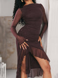 Prettyswomen Wine Ruffle Midi Dress