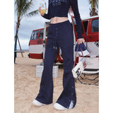 Prettyswomen BeerBro Navy Blue American Spice Girls Polo Neck Knit Top Button Up Casual Wide Leg Pants Matching Set