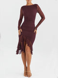 Prettyswomen Wine Ruffle Midi Dress