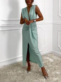 Prettyswomen Classic V-Neck Ruched Drape Slit Midi Dress