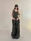 Prettyswomen Shaya Solid Color Dark Grey Bandeau Sleeveless Slim Cropped Top + High Wasit Multi-Pocket Straight Leg Baggy Cargo Pants Matching Set