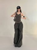 Prettyswomen Shaya Solid Color Dark Grey Bandeau Sleeveless Slim Cropped Top + High Wasit Multi-Pocket Straight Leg Baggy Cargo Pants Matching Set