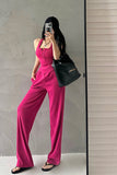 Prettyswomen Lia Solid Color Square Neck Wide Strap Ribbed Top + High Waist Straight Leg Pants Matching Set