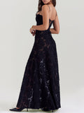 Prettyswomen Black Floral Lace Back Maxi Dress