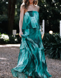 Prettyswomen Calista Green Bloom Strapless Tiered Maxi Dress