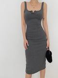 Prettyswomen- Square Neck Bodycon Slit Midi Dress