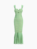 Prettyswomen- Ruched Mesh Zippered Long Dress