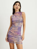 Prettyswomen- Tie Dye Mock Neck Mesh Short Dress