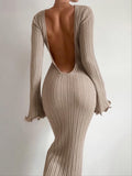 Prettyswomen- Tranquility Rib Open Back Long Sleeve Long Dress