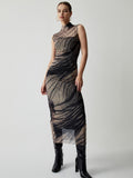 Prettyswomen- Ruched Tulle Mesh Mock Neck Long Dress