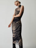 Prettyswomen- Ruched Tulle Mesh Mock Neck Long Dress