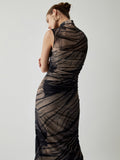 Prettyswomen- Ruched Tulle Mesh Mock Neck Long Dress