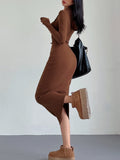 Prettyswomen- Drop Shoulder Drawstring Hooded Dress