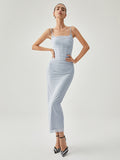 Prettyswomen- Ribbed Draped Slit Mesh Tank Long Dress