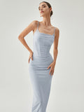 Prettyswomen- Ribbed Draped Slit Mesh Tank Long Dress