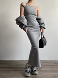 Prettyswomen- Asymmetrical Crew Neck Split Maxi Dress