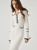 Prettyswomen- Ruffled Trim Contrast Binding Button-up Collar Midi Sweater Dress