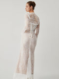 Prettyswomen- Lace Jacquard Floral Semi-sheer Tied Maxi Dress