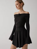 Prettyswomen- Pleated Off-Shoulder A-Line Short Dress