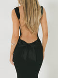 Prettyswomen- Solid Backless With Bow Long Dress