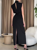 Prettyswomen- Solid Slit Belted Turtleneck Long Dress