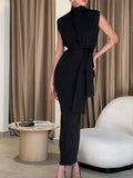 Prettyswomen- Solid Slit Belted Turtleneck Long Dress