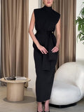 Prettyswomen- Solid Slit Belted Turtleneck Long Dress