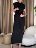 Prettyswomen- Solid Slit Belted Turtleneck Long Dress