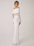 Prettyswomen- Overfold Off-Shoulder Mesh Long Sleeve Long Dress