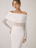 Prettyswomen- Overfold Off-Shoulder Mesh Long Sleeve Long Dress