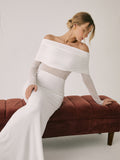 Prettyswomen- Overfold Off-Shoulder Mesh Long Sleeve Long Dress