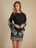 Prettyswomen- Delicate Embroidery Bell Sleeve Short Dress