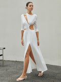 Prettyswomen- Cut Out Ruched Split Knit Maxi Dress