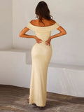 Prettyswomen- Off Shoulder Ruffle Satin Long Dress