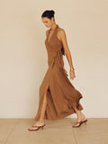 Prettyswomen- Cotton & Linen Wrap Halter Knotted Long Dress