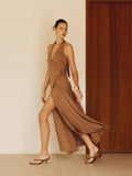 Prettyswomen- Cotton & Linen Wrap Halter Knotted Long Dress