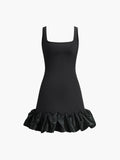 Prettyswomen- Ruffle Hem Square Neck Slip Short Dress