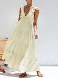 Prettyswomen- Ruffle Shouder V Neck Tiered Long Dress