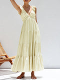 Prettyswomen- Ruffle Shouder V Neck Tiered Long Dress