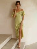 Prettyswomen- Elegant Ruffle Sleeve Split Long Dress