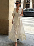 Prettyswomen- Cotton & Linen Belted Pleated Long Dress