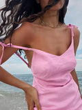 Prettyswomen- Barbie Beloved Cotton Backless Knotted Short Dress