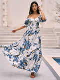 Prettyswomen- Floral Print Puff Sleeve Long Dress