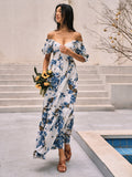 Prettyswomen- Floral Print Puff Sleeve Long Dress