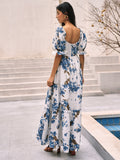 Prettyswomen- Floral Print Puff Sleeve Long Dress