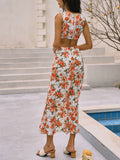 Prettyswomen- Floral Print Knotted Cutout Split Long Dress