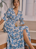 Prettyswomen- Floral Print Split Long Dress