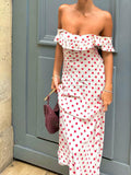 Prettyswomen- Sweetie Polka Dot Ruffle Hem Off-Shoulder Long Dress