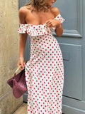 Prettyswomen- Sweetie Polka Dot Ruffle Hem Off-Shoulder Long Dress