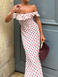 Prettyswomen- Sweetie Polka Dot Ruffle Hem Off-Shoulder Long Dress